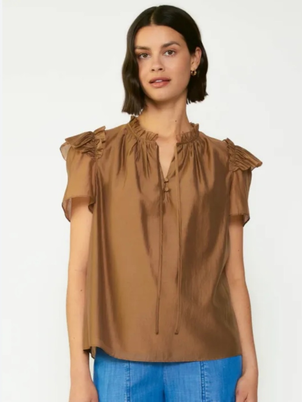 Anna Rae Taupe Brown Flutter Sleeve Ruffle Blouse